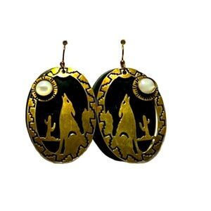 Vintage Silver Forest Brass Coyote Howling at the Moon Earrings.